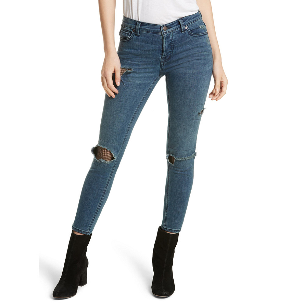 FREE PEOPLE Distressed Fishnet Skinny Jeans 30